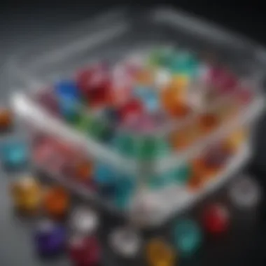 Clear plastic containers organized with colorful gemstones