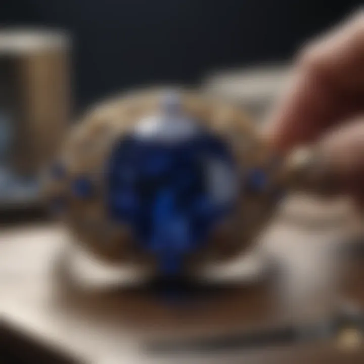 An artisan meticulously crafting a grand sapphire piece of jewelry