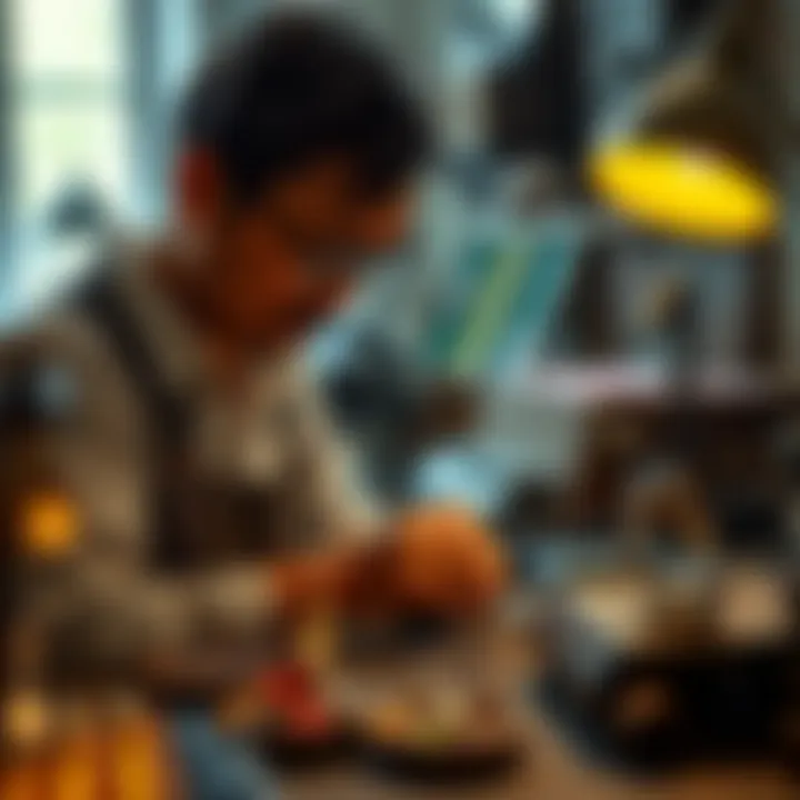 Artisan at work with design tools and gemstones