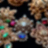 A close-up of intricate vintage brooches showcasing diverse designs and craftsmanship.