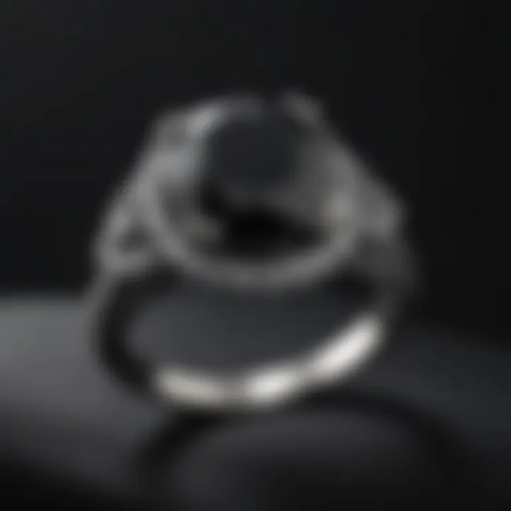 An exquisite close-up of a genuine black diamond ring on a velvet surface, showcasing its unique sparkle.