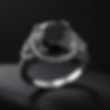Close-Up of Genuine Black Diamond Ring An exquisite close-up of a genuine black diamond ring on a velvet surface, showcasing its unique sparkle.