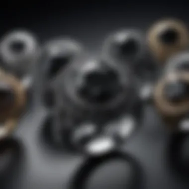 An artistic arrangement of various black diamond rings, emphasizing their distinct styles and settings.