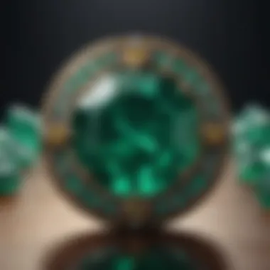 An artistic representation of emeralds surrounded by symbols of healing and metaphysical properties