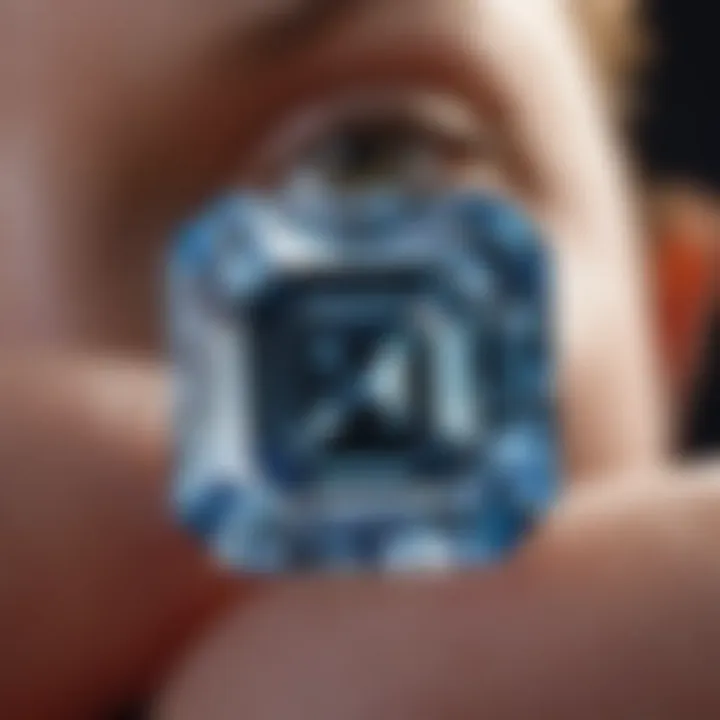 An expert examining the quality indicators of a Blue Nile Asscher Cut gemstone