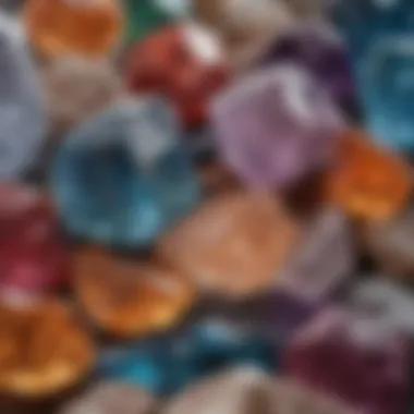 A close-up view of various crystals showcasing their unique colors and formations