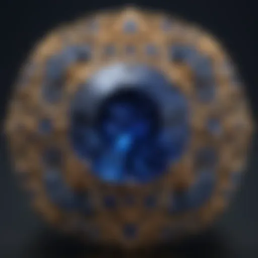 A close-up view of a stunning blue sapphire stone with intricate details