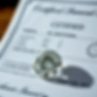 A certified diamond with laboratory certification documents displayed beside it.