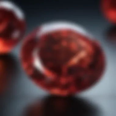 Close-up view of a garnet stone showcasing its deep red hue and natural facets