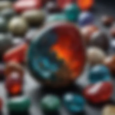 A collection of bloodstone pieces displayed alongside other gemstones, emphasizing its significance.