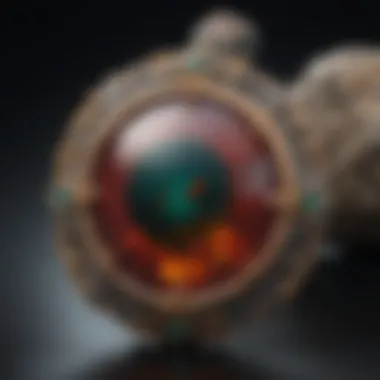 An artistic representation of bloodstone in a jewelry setting, highlighting its luster and appeal.