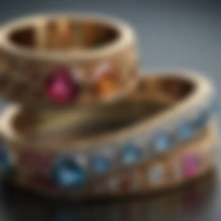 Close-up of stacking rings with unique designs