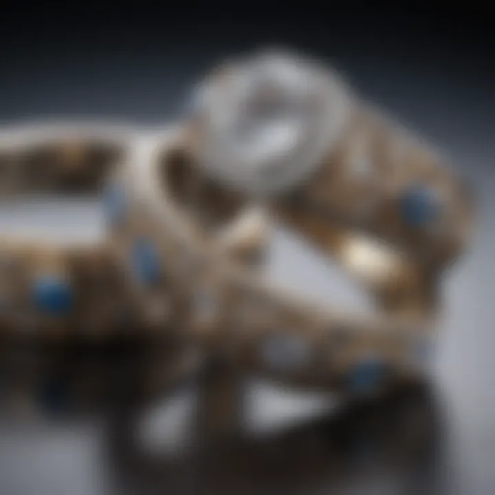 Close-up of intricate designs on wedding bands and engagement ring