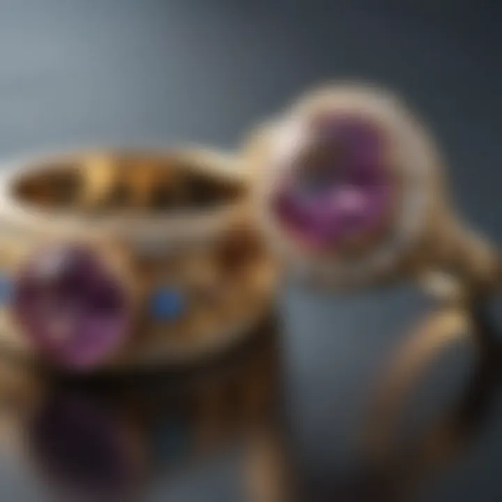 A close-up view of a pair of wedding rings embellished with meaningful gemstones