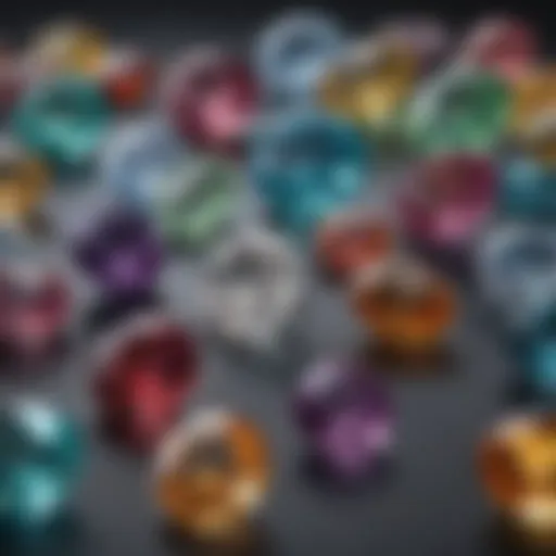 A close-up of various gemstones with different carat weights displayed