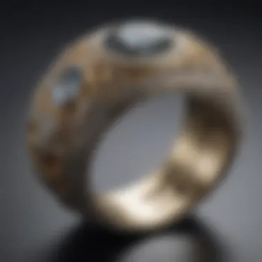 A close-up view of an intricately designed embedded wedding ring showcasing unique textures and patterns.