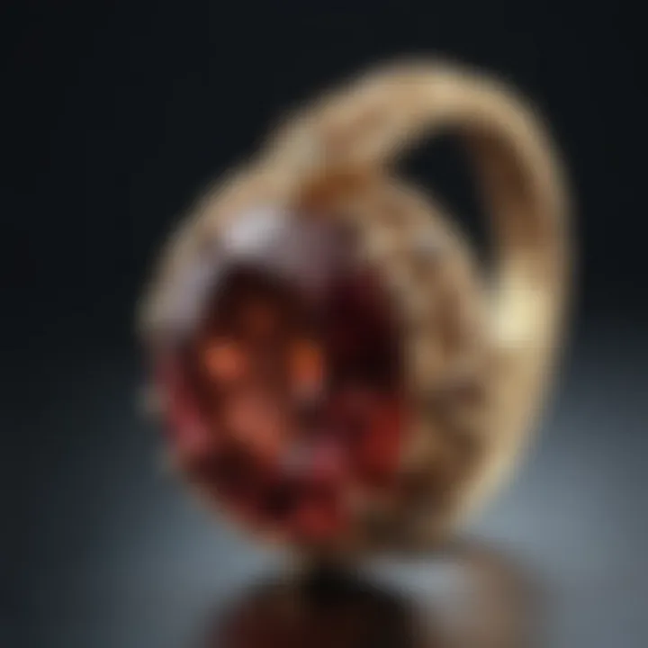 Close-up of garnet jewelry piece reflecting light and artistry