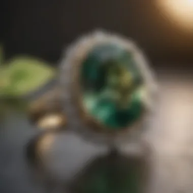 An elegant piece of jewelry featuring a green sapphire at the center, surrounded by sparkling diamonds.