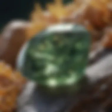 A close-up view of a rough green sapphire stone, showcasing its natural geological features.