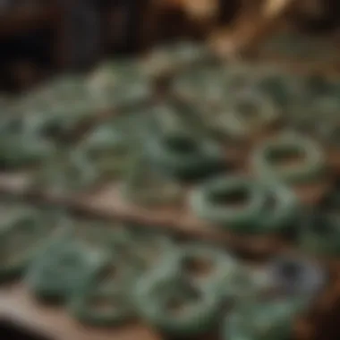 A market scene displaying various jade bracelets for sale, illustrating market trends