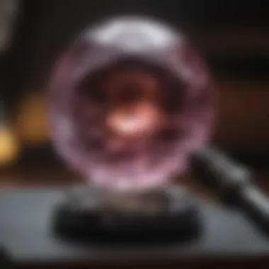 Gemstone Under Magnification A close-up view of a gemstone being examined under a magnifying glass.