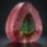 A close-up view of a watermelon tourmaline crystal showcasing its vibrant pink and green color zoning